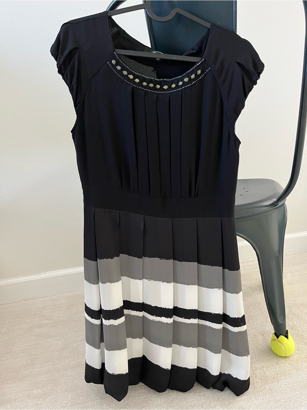 Women's Black Pleated Mini Dress with Gray & White Stripes